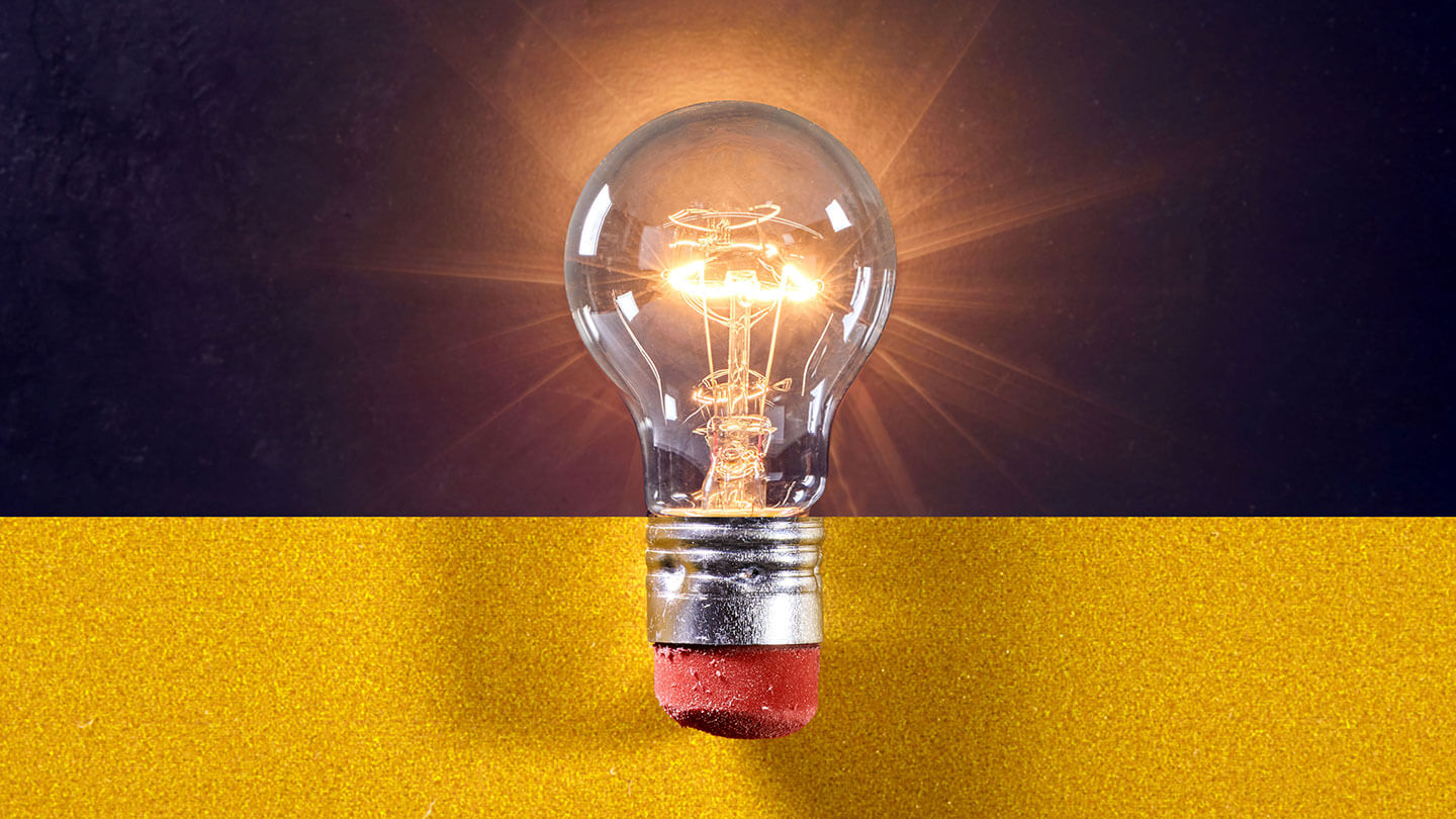 A graphic depiction of a light bulb with bottom replaced by a traditional pencil eraser.
